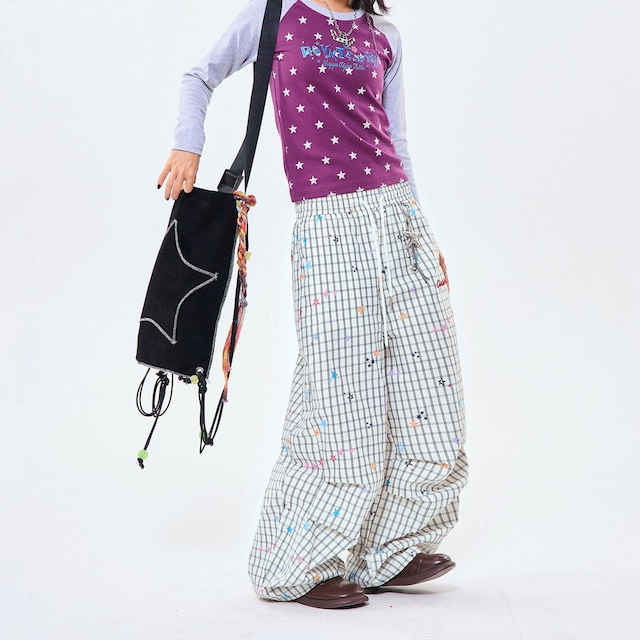 チェックスタープリントワイドパンツ R00868
