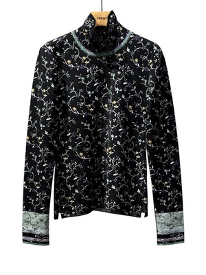 【26SS】Mame Kurogouchi マメ クロゴウチ /  Floral Motif Glitter High Neck Knit Top - black