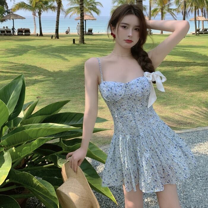 スカート サマースタンダードトップス フローラルショートウェストドレス レトロ 夏物 花柄 ドラファッションホール16006681591