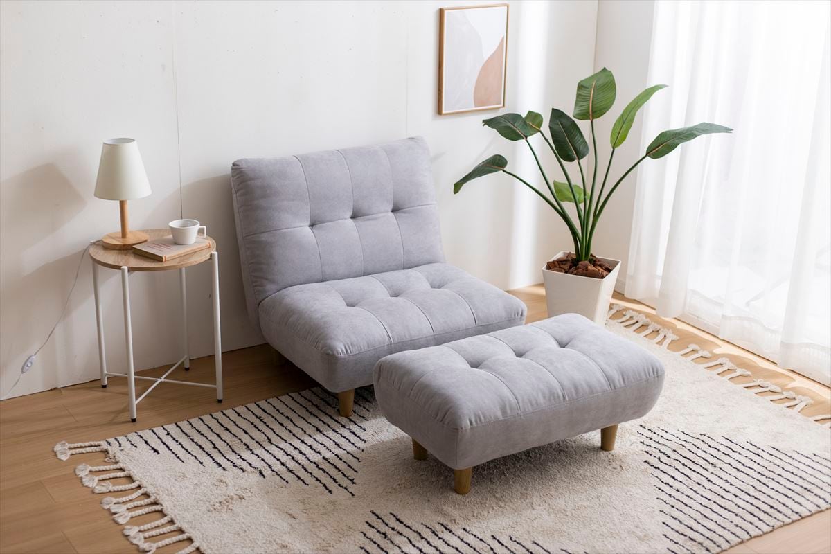 【新品】グレー ふわふわもっちり感が可愛い　オットマ付き　一人掛け　ソファ 全3色】ふわふわもっちり感が素敵なオットマン付き一人掛けソファ