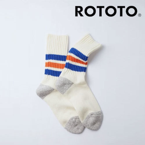 ROTOTO ロトト コースリブ オールドスクール クルーソックス COARSE RIBBED OLDSCHOOL CREW SOCKS R1255 メンズ レディース 靴下 日本製 ラインソックス Blue/Orange