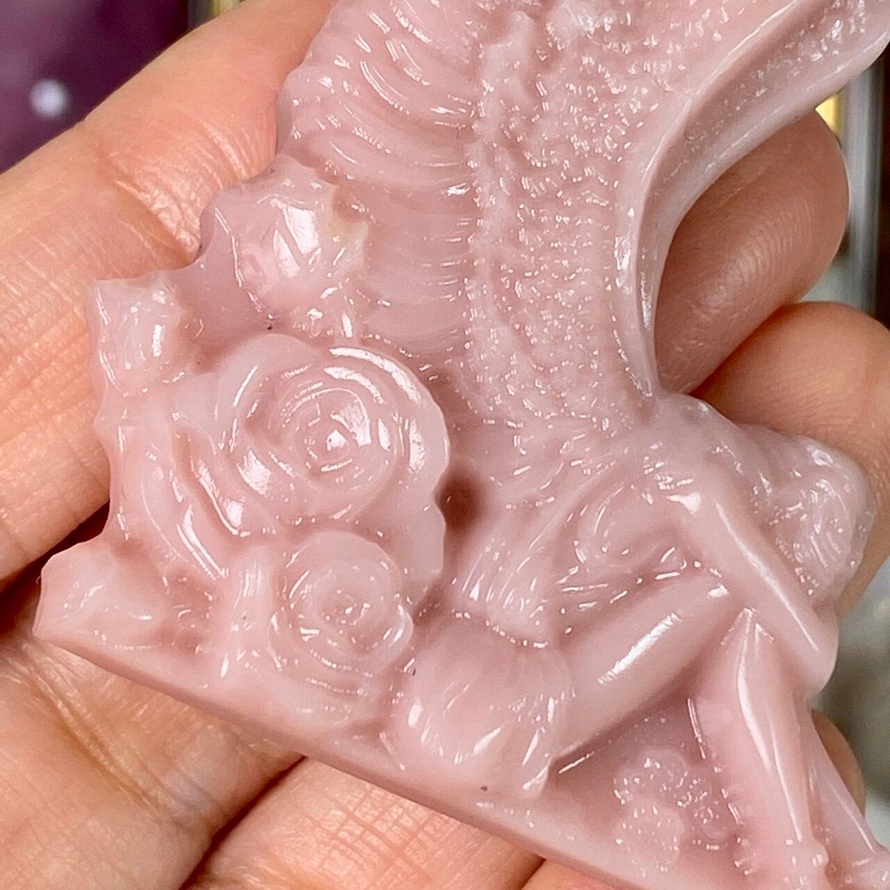 特大天然石 ピンクオパール薔薇カービング 置物 台座付き ピンクオパールのフェアリー Pink Opal Fairy AC3582 | PAY ID