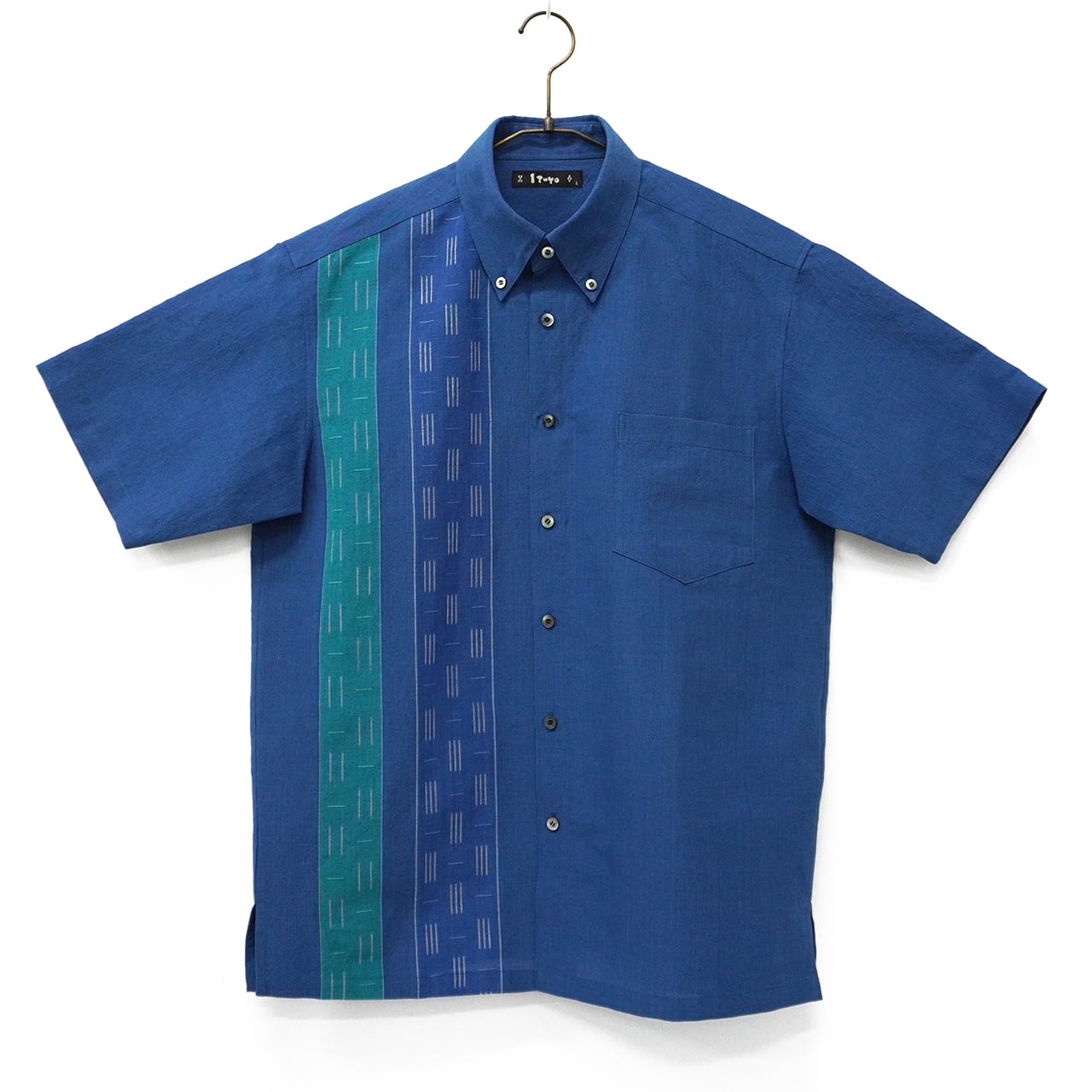 総手織り 藍ヤシラミ  ボタンダウン  半袖 シャツ [ITUYO]  メンズ かりゆしウェア【送料無料】　