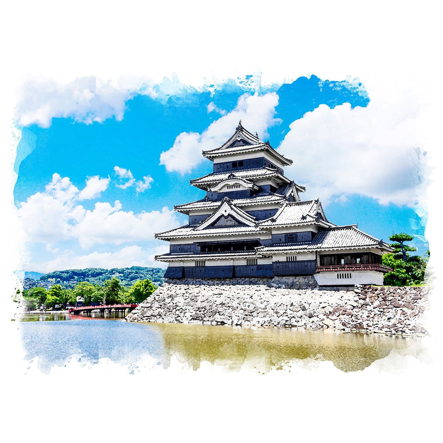 絵画 日本 松本城の風景 インテリアアート額付き 水彩画・油絵風 
