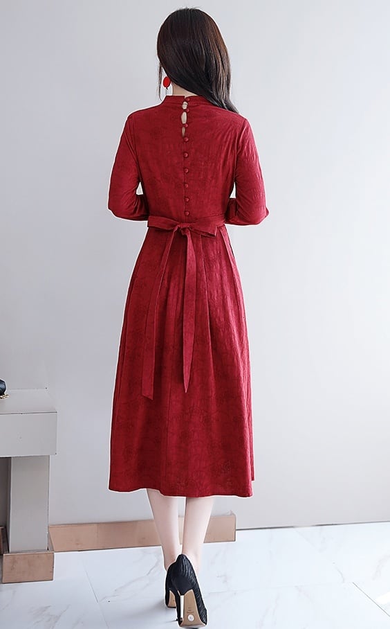 チャイナ風 ワンピース スタンドカラー フレアスカート 長袖 ワイン