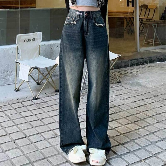 【韓国通販 dgo】ハイウエスト ダークブルー ワイドレッグジーンズ(W3425）センス溢れるファッションitem