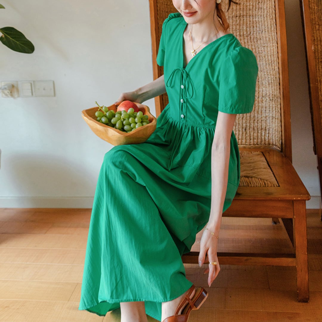 Vネック パフスリーブ Aライン ロングワンピース 00549