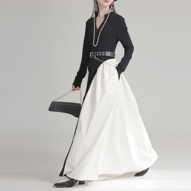 Color block design taffeta long dress C0975