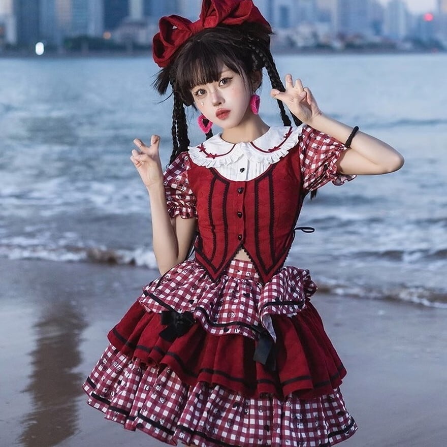サブカル 服 地雷系 通販 スイートロリータ セットアップ オルガンプリーツ アーリーアメリカン メイド服 リボン フリル チェック柄 ガーリー 甘め かわいい メイド