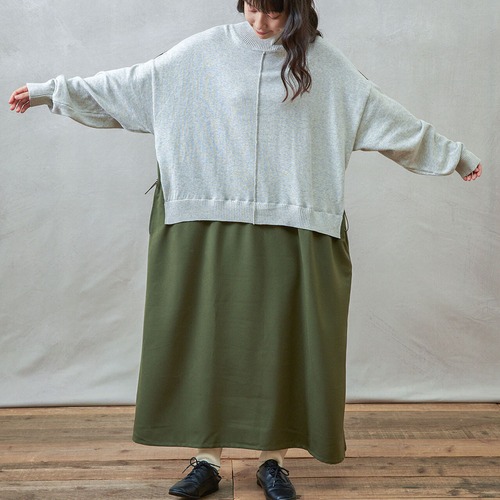 1枚で完成◎ニット×布帛の異素材ドッキングワンピース