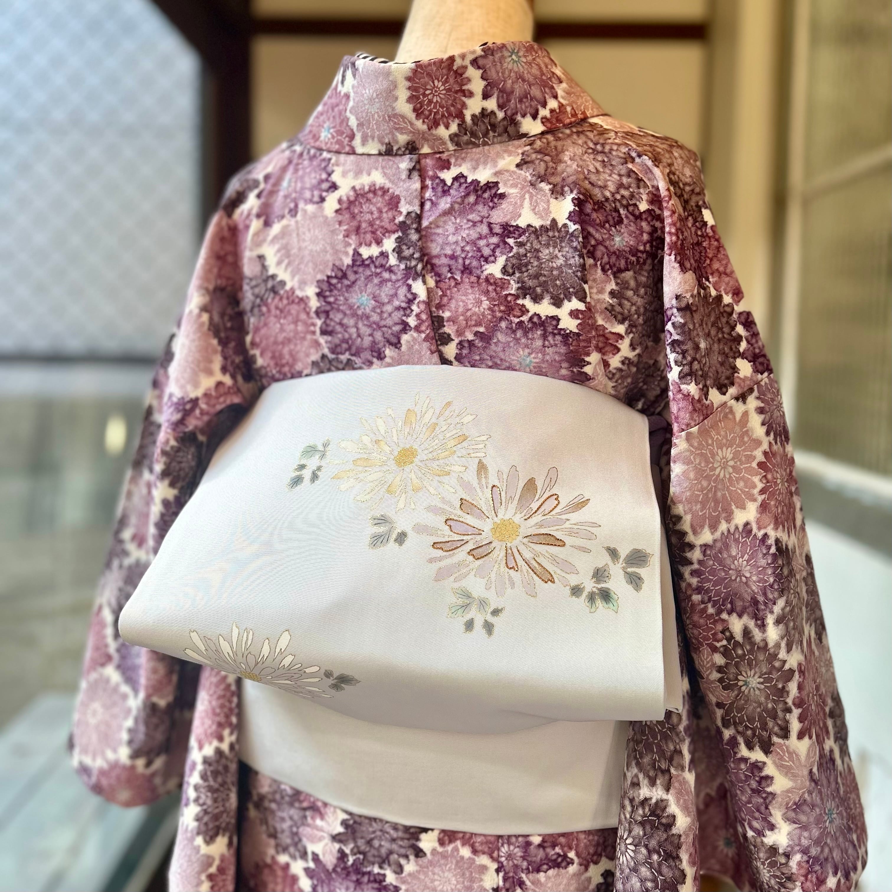 Moonlit Ivory＊染め帯 花 グレーホワイト 塩瀬帯 名古屋帯 B545