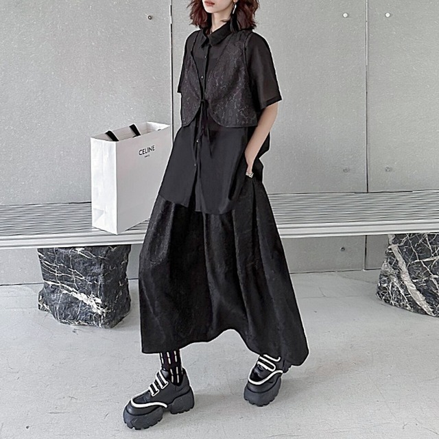 Layered sheer shirt & jacquard camisole set C0171