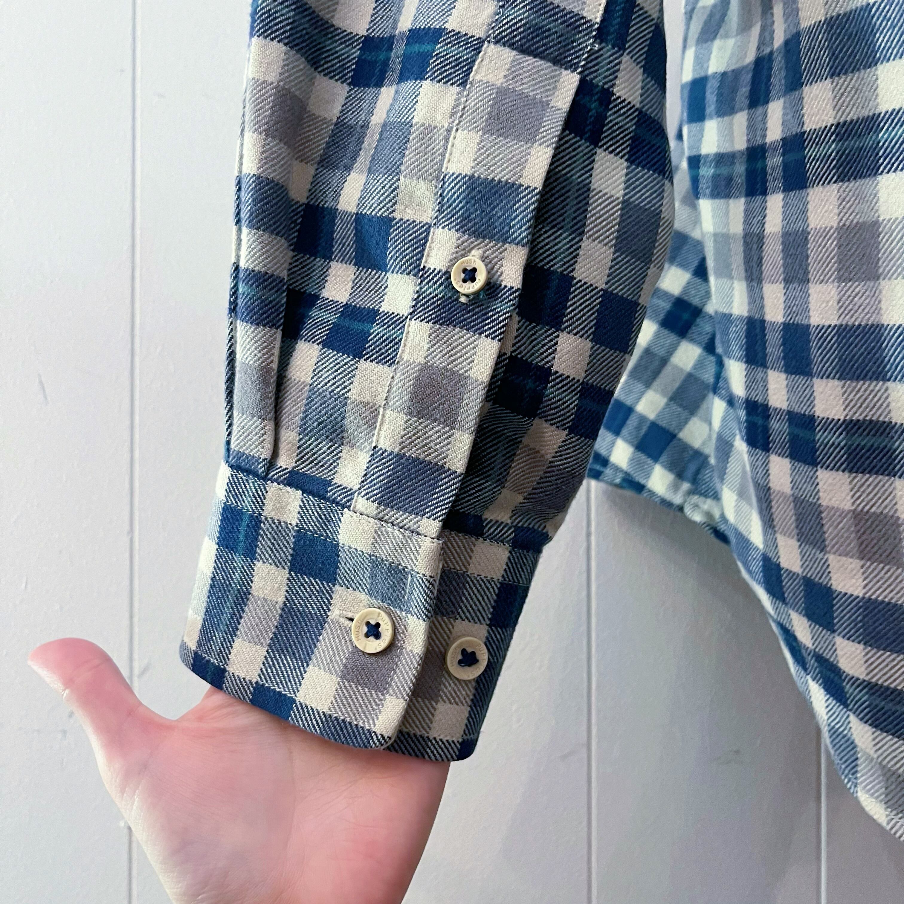 blue green check flannel shirt