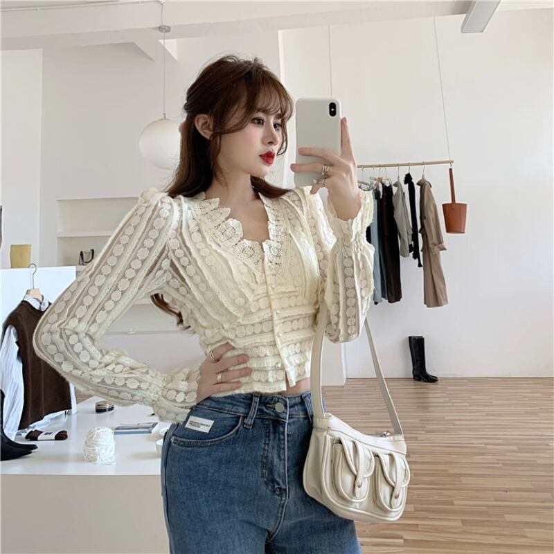 レースシフォンシャツ スプリングホワイトスタイルショートトップス ロング 春物 ブラックストロベリース6667247560