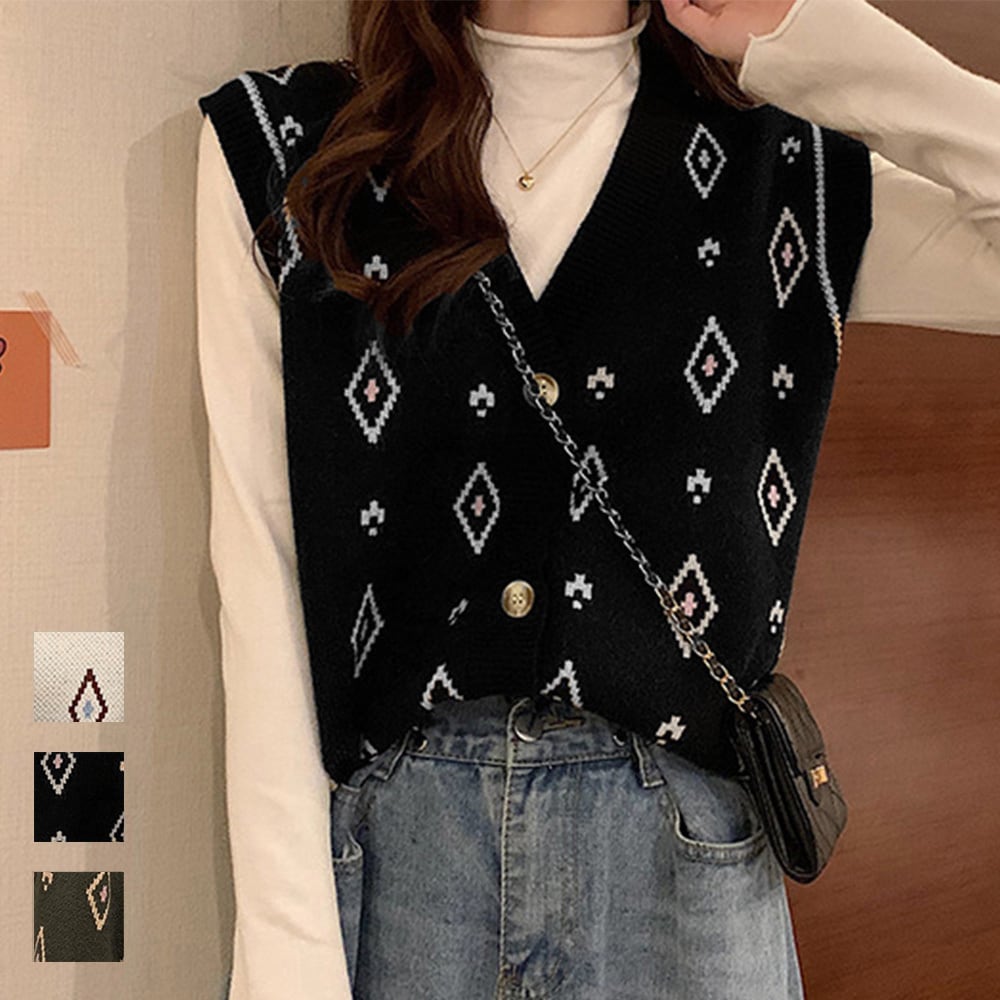 幾何学柄 レディース ニット ベスト おしゃれ きれいめ 大人 カジュアル 大人可愛い かわいい Ritz Chic