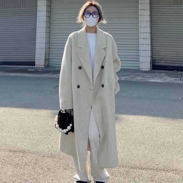 コート レディース アウター ロング丈 ロングコート オーバーシルエット ゆったり あったかい 防寒 秋冬 おしゃれ かっこいい こなれ感 シンプル クリームホワイト/ブラック XS/S/M/L/XL