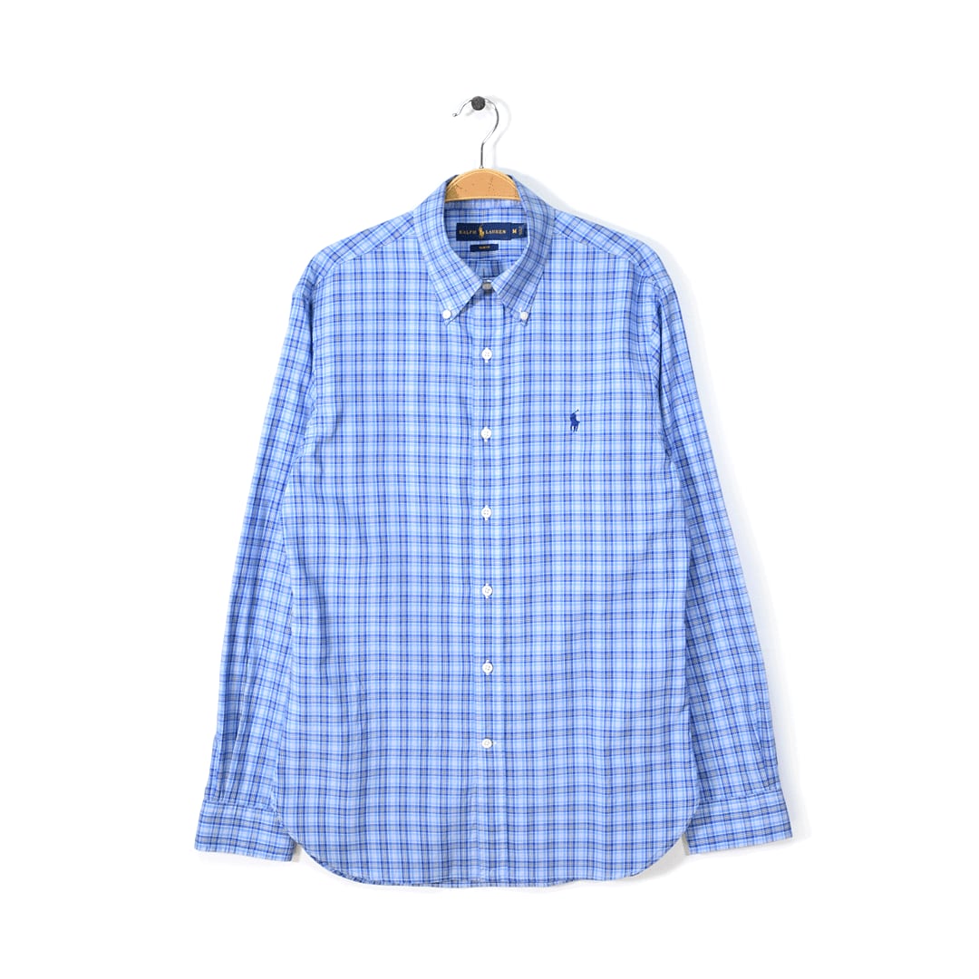 ラルフローレン ボタンダウンシャツ 青チェック 長袖シャツ マチ付き  