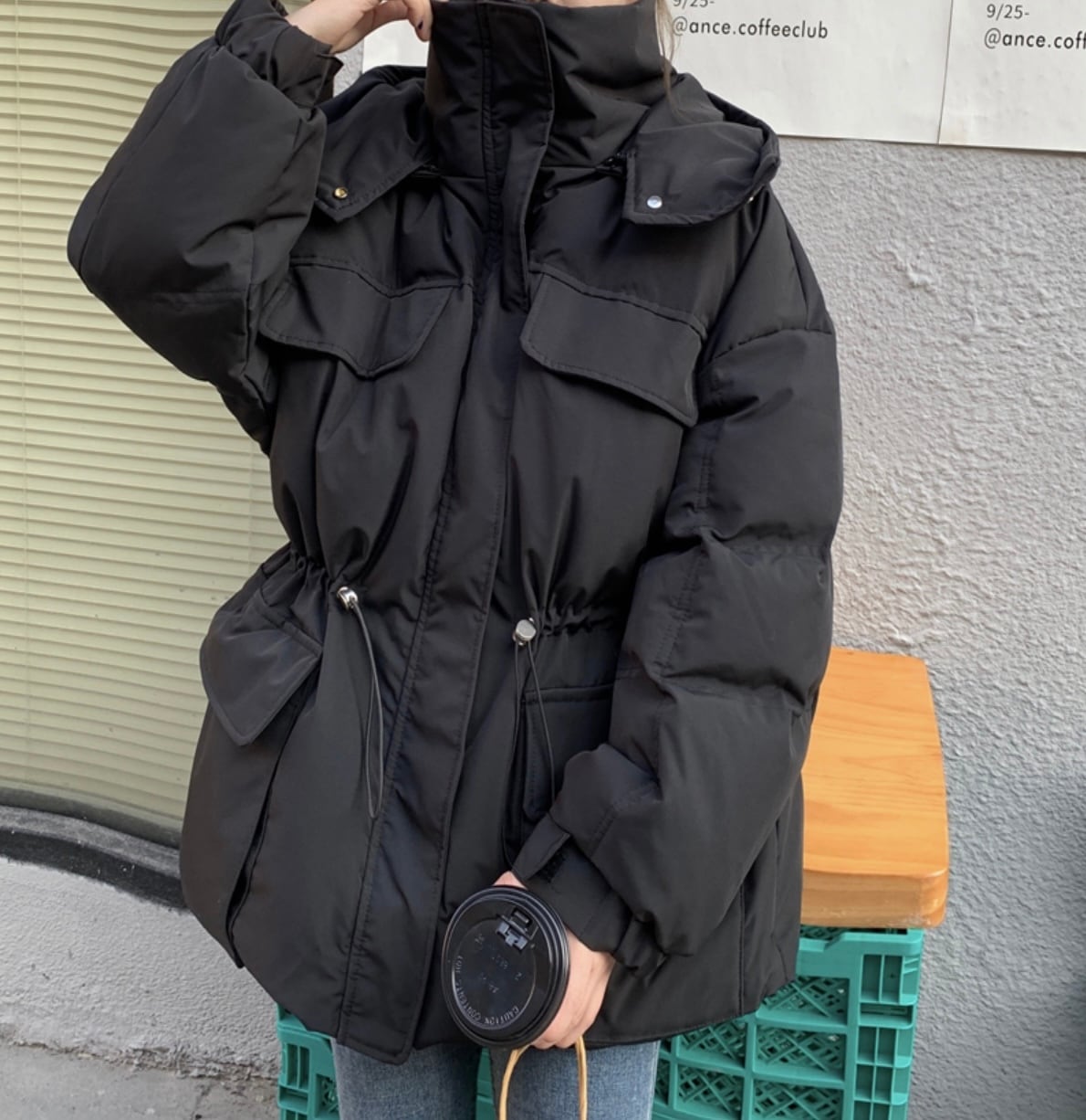 防寒 ばっちり ダウンジャケット アウター 中綿 フード付き ハイネック オーバーサイズ ダボかわ 登山 スポーツ カジュアル シンプル メンズライク 着回し Lamitte Deco トレンド 韓国ファッション ショップ Base店