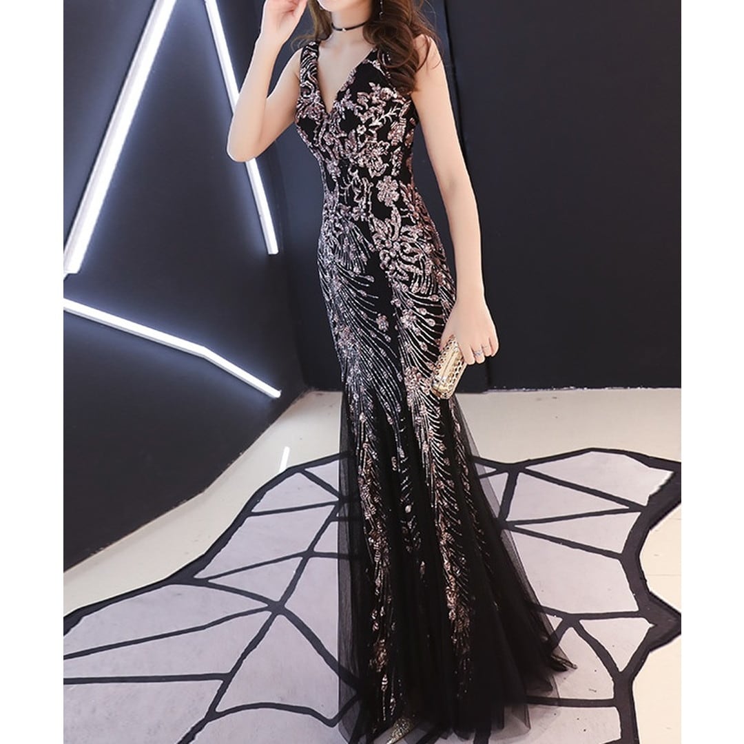 即納商品Mサイズ V-Neck Slim Sequined Fishtail Evening Dress(2color) V994