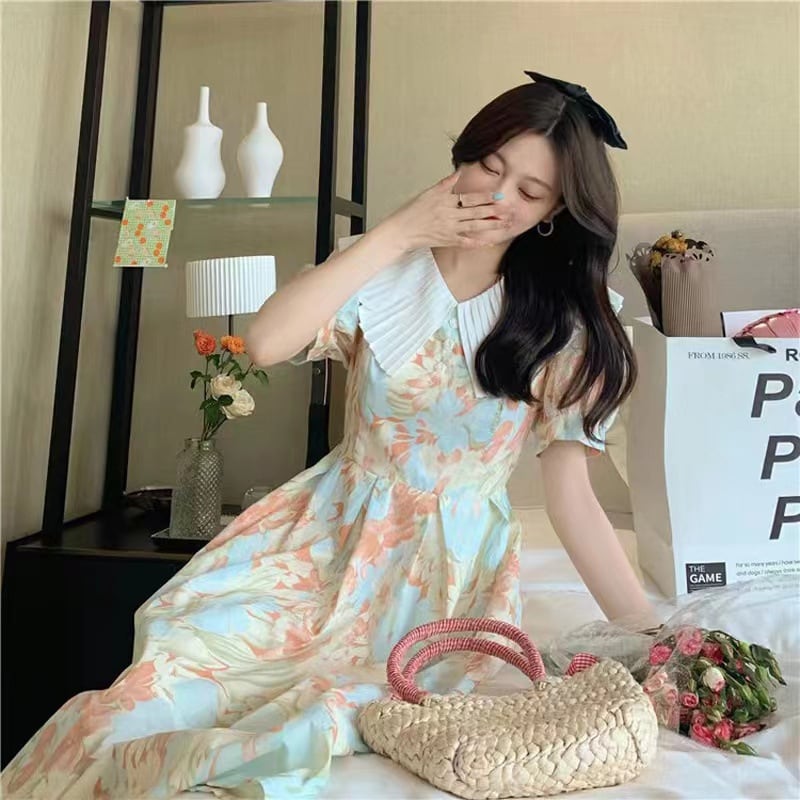 【新作】【送料無料】 甘くて優しいスタイルの初恋デートキキョウスカート女性のための夏 2022 デザインウエスト痩身膝上ドレス 0264249755733