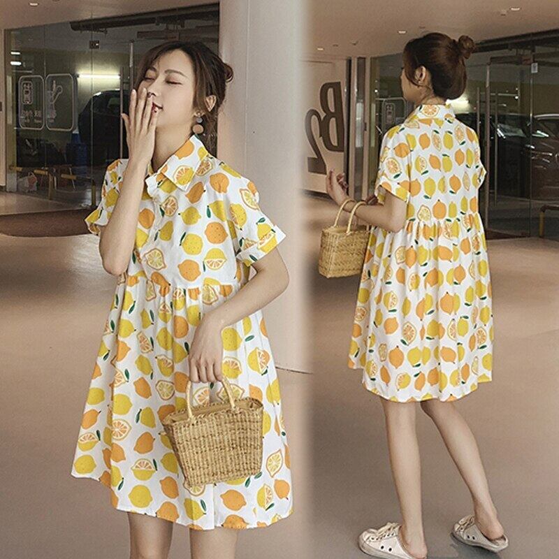 【新作】【送料無料】 マタニティ服夏半袖ターンダウンカラーフルーツプリントゆったりとしたスタイリッシュなドレス妊婦ママドレス ショート ハーフスリーブ サマー 夏物 AL expec375887293579