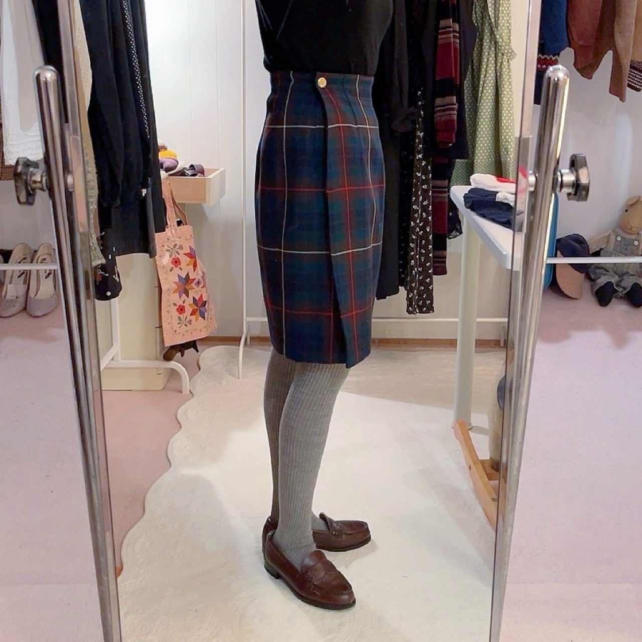 brown green check wrap skirt