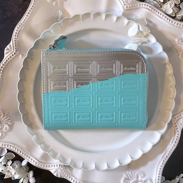 特別版：革のブルーグリーン・チョコ　ファスナーミニ財布（銀の包み紙）