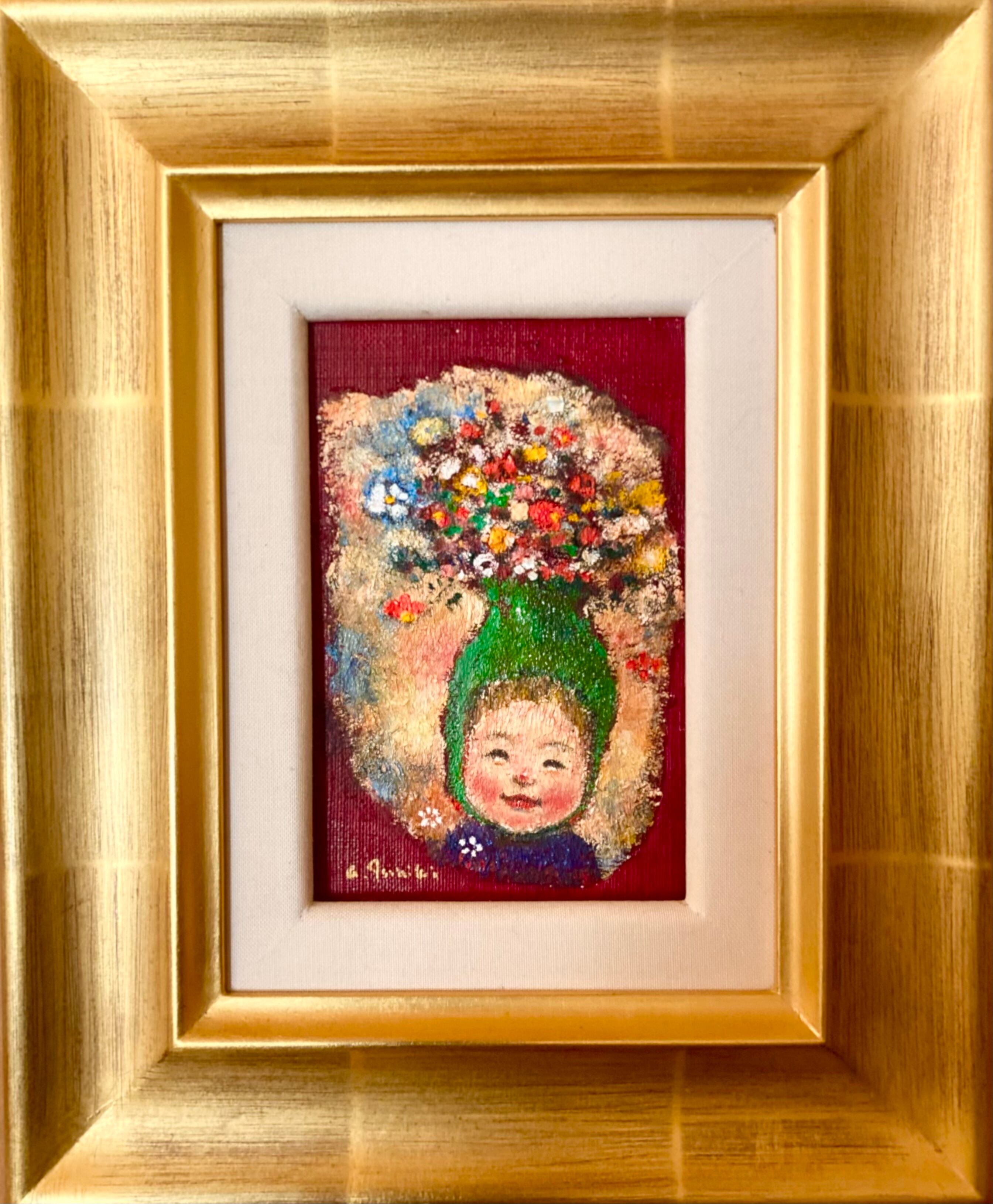 油絵 油絵 花冠の犬 花の冠を持つ牛のキャンバスアートプリント フレームなし