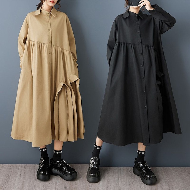 LACE COLLAR LOOSE LONG SLEEVE MIDI SHIRT DRESS M-18124