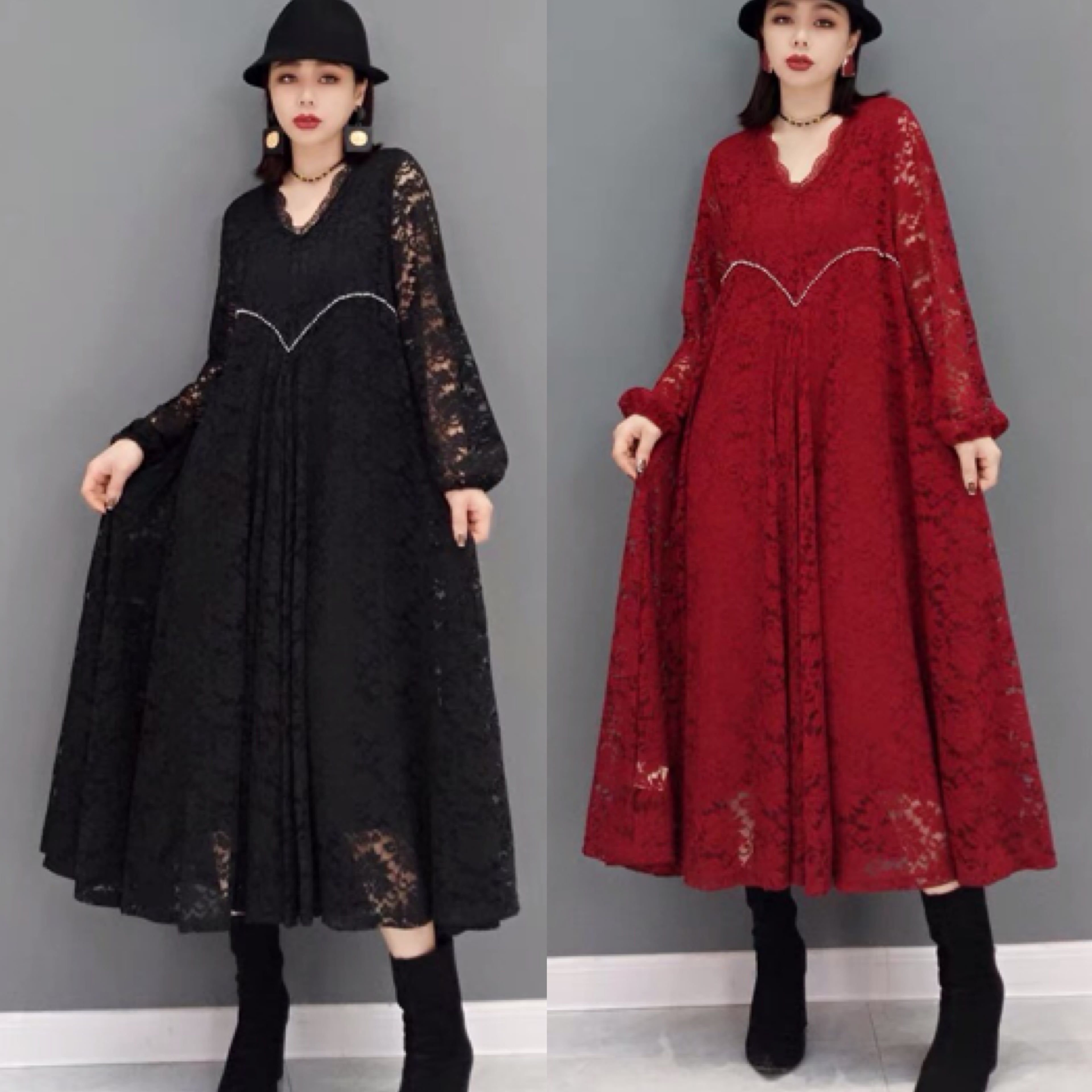 2カラー 】レース 黒 赤 ワンピース ゆったり ジャングル グリーン