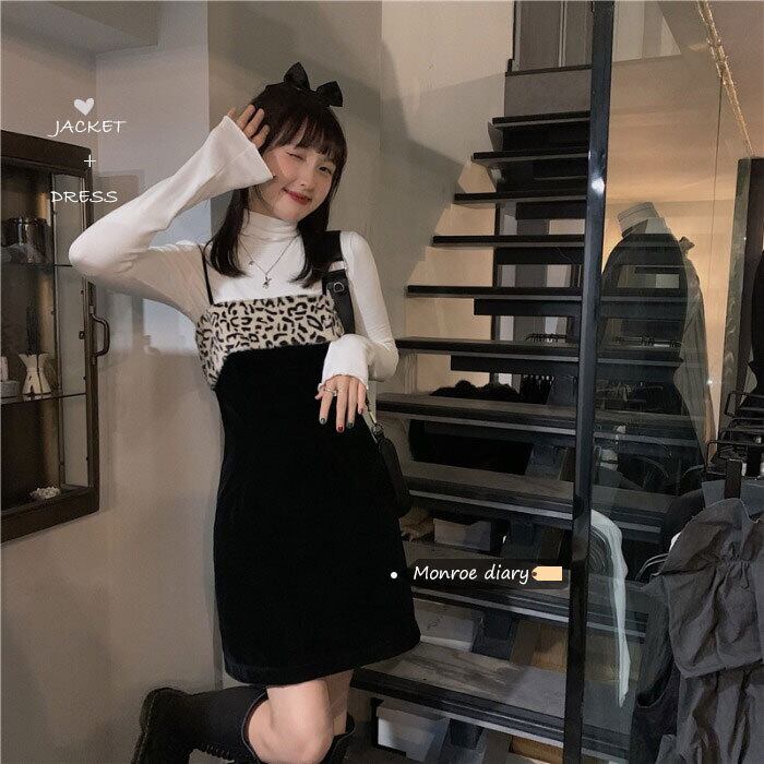 スタンダードドレス オータムウィンタースカート レオパードプリント柄ブラックショート レトロ 秋物 冬物 モンロー70398127203