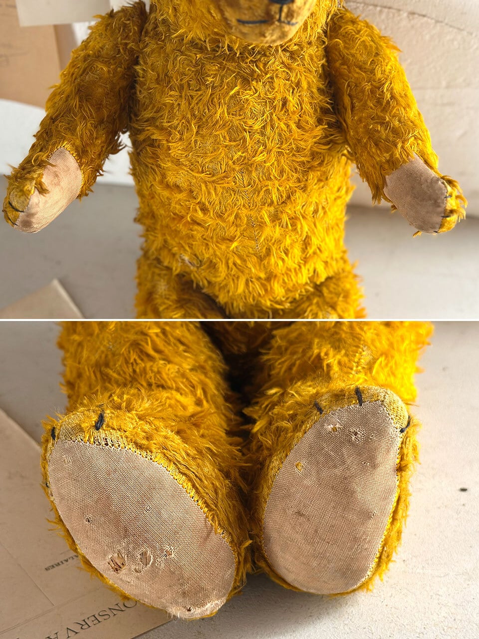 フランス　アンティーク　古い黄色のぬいぐるみ イエローベージュのベア くまのぬいぐるみ | Brocante de La