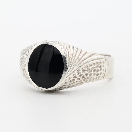 Black Onyx Accent Cutting Out Abstract Design Signet Ring #18.5 / Denmark