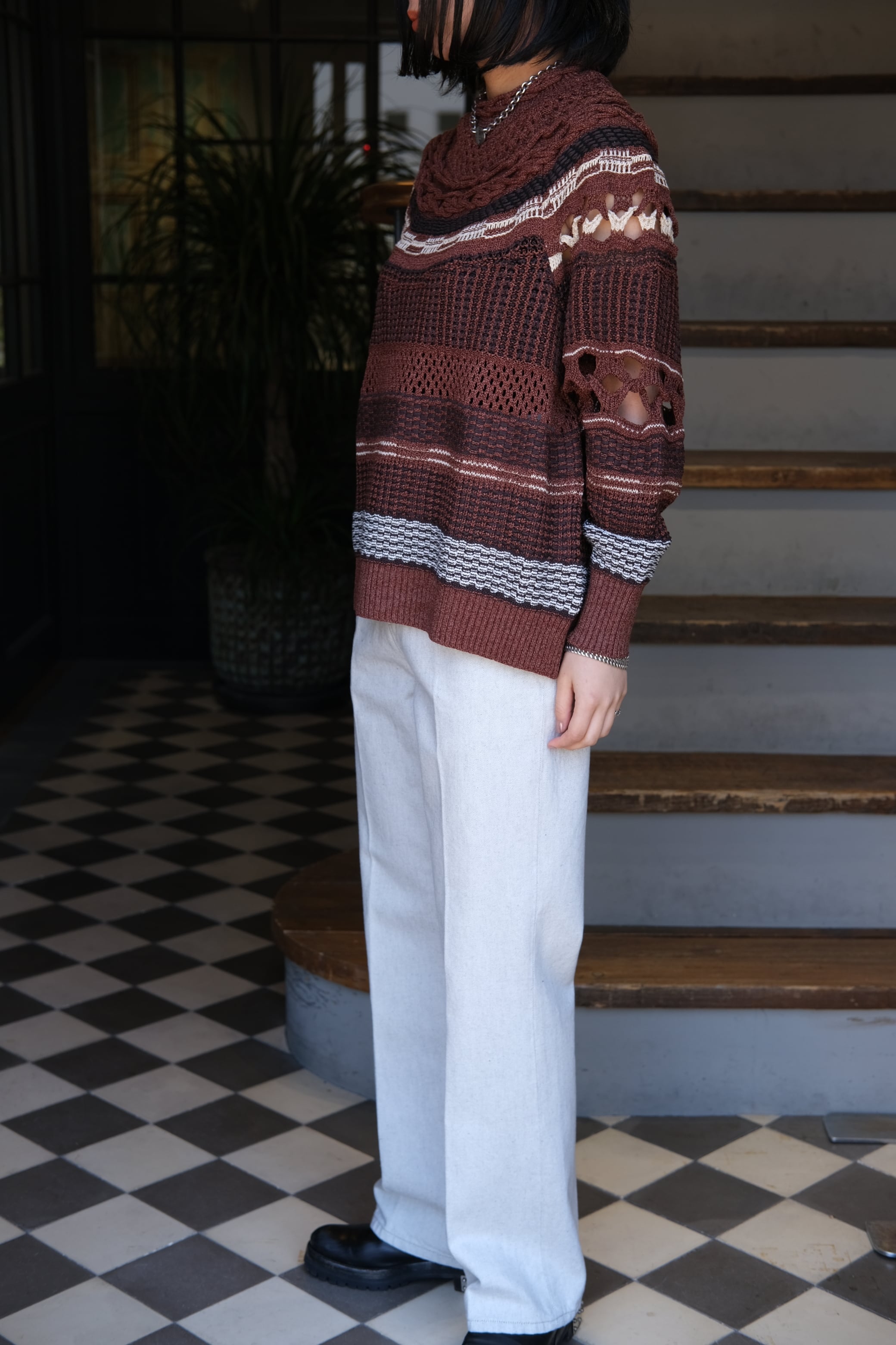 Mame Kurogouchi】Bamboo Basket Pattern Knitted Top - brown | loop