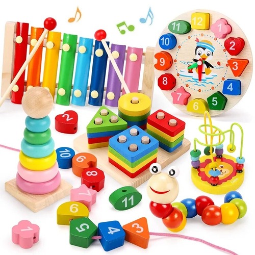 知育玩具セット 木製おもちゃ カラフル 時計 楽器 ブロック モンテッソーリ パズル 6個セット