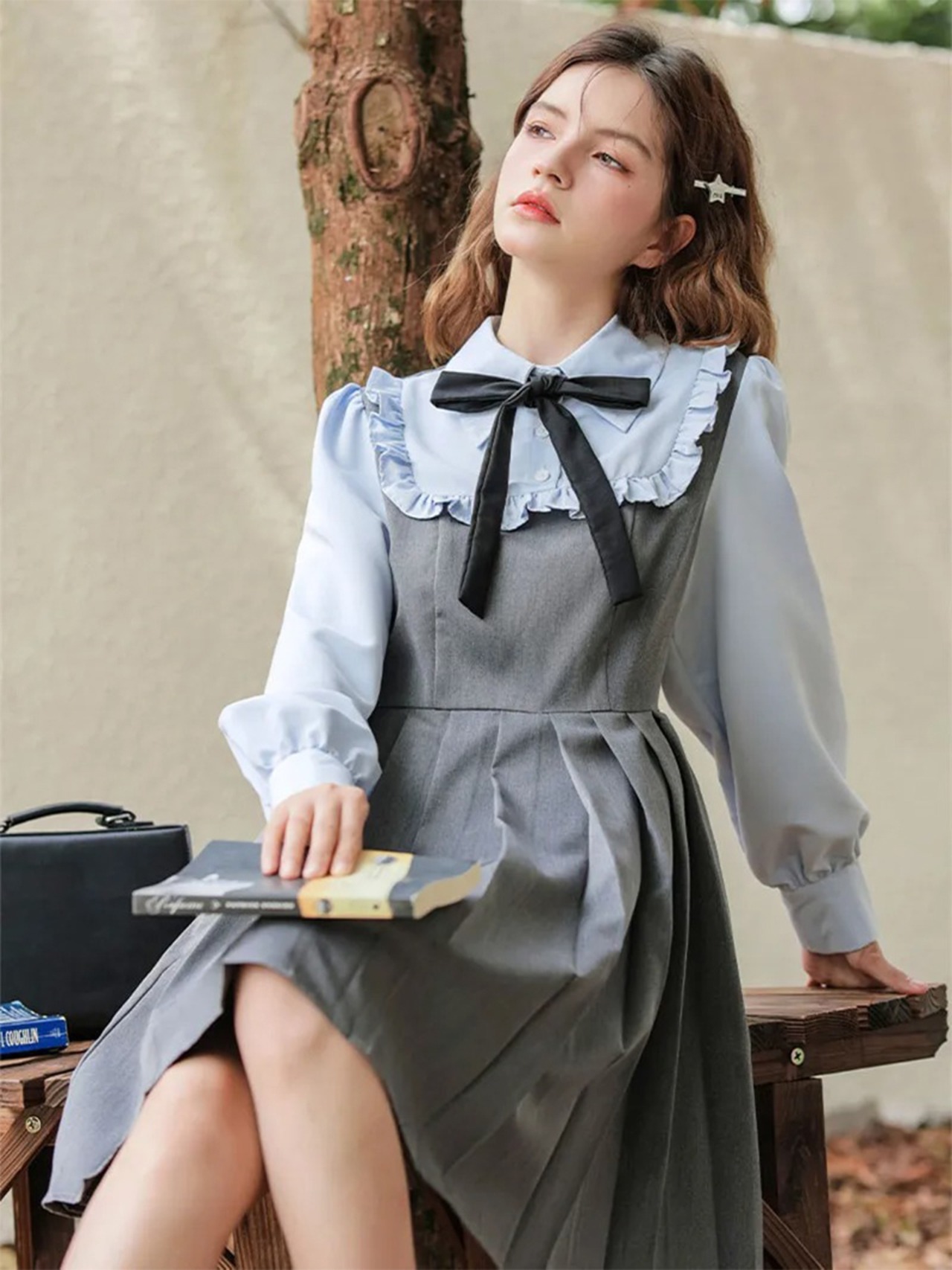 【0126】Pleated Skirt Girly Ribbon Long Sleeve Dress