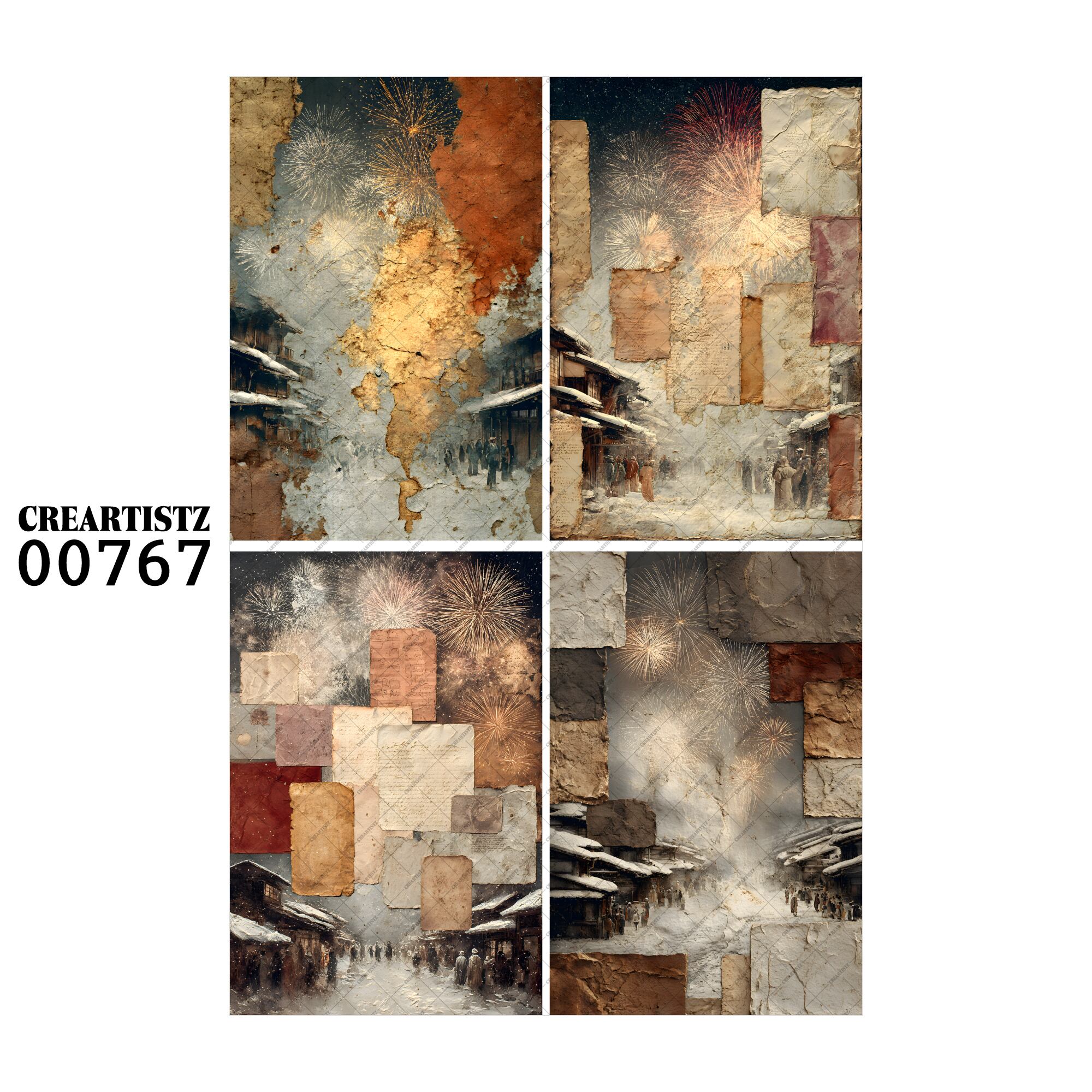 00767 背景 コラージュ素材 オリジナル 12枚セット (4種類×3枚) ペーパー/ステッカー CREARTISTZ
