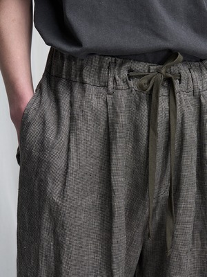 DECESOLO 26SS リネン100 千鳥格子 ドローストリング ワイドストレートパンツ