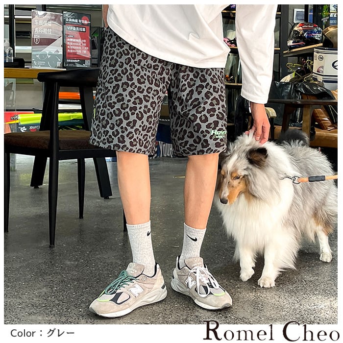 お支払い確認後20日以内発送】RomelCheo レオパードハーフパンツ ヒョウ柄 短パン ショートパンツ ショーツ イージーパンツ ひざ丈 総柄  メンズ レディース モード系 ストリート スケーター パンク 個性的 原宿系 青文字系 カジュアル ファッション ロメルチェオ romelcheo