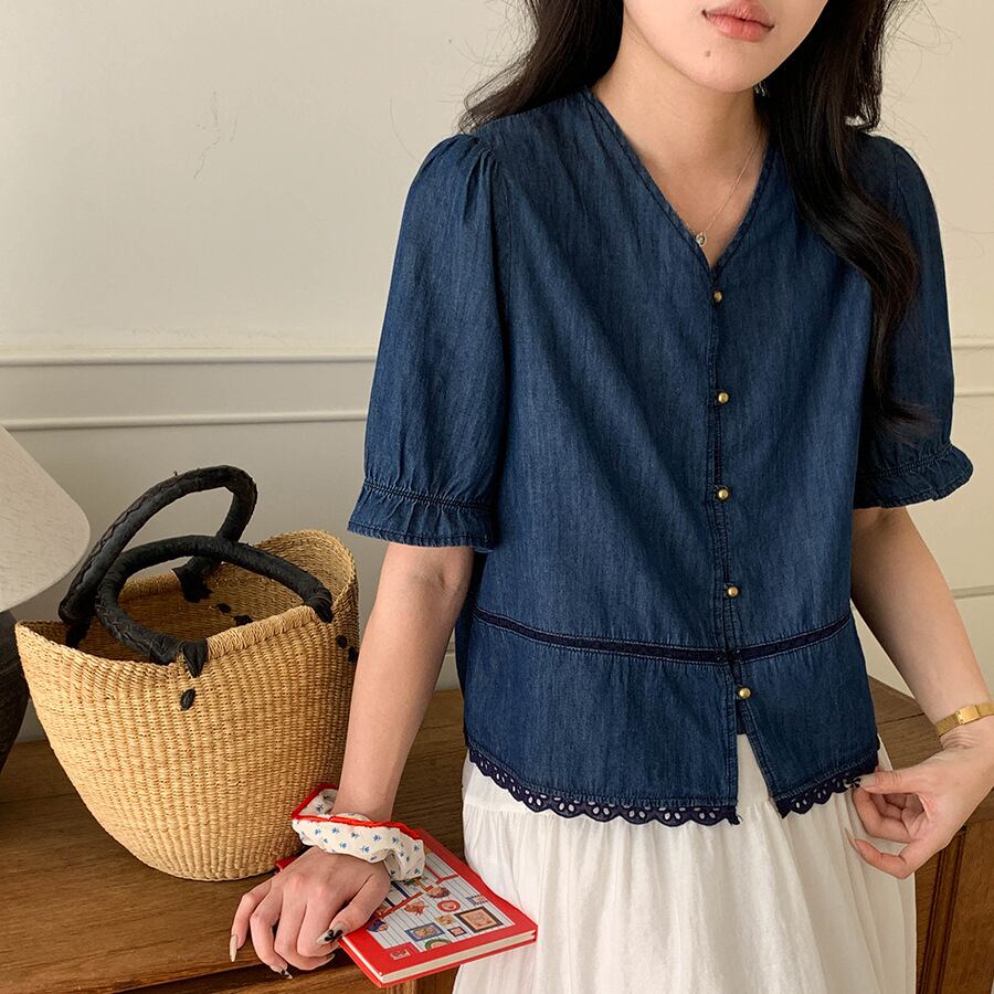 【tops】レースドッキングデニムトップス M33050