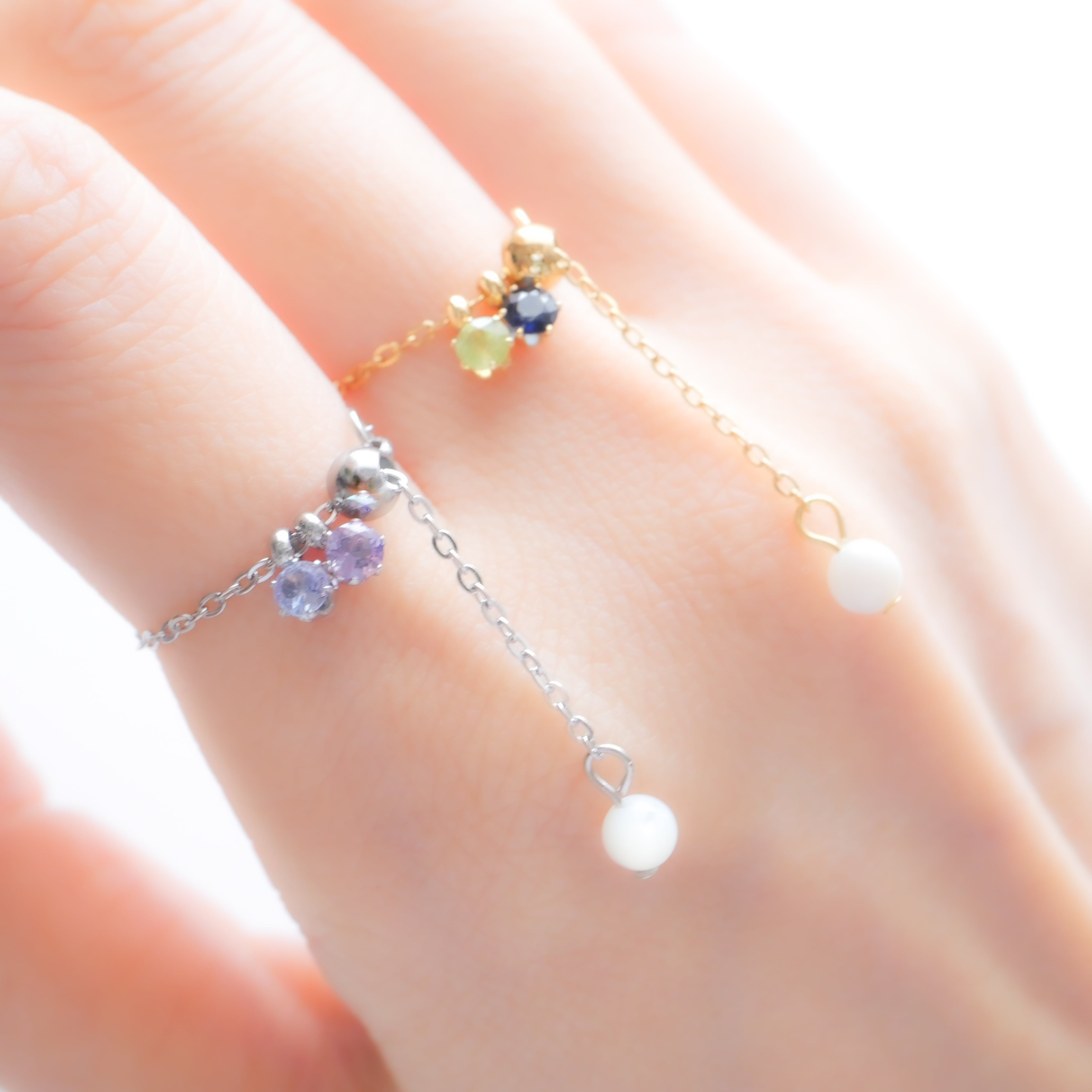 選べる二粒の誕生石チェーンリング フリーサイズ 3mm 天然石 指輪