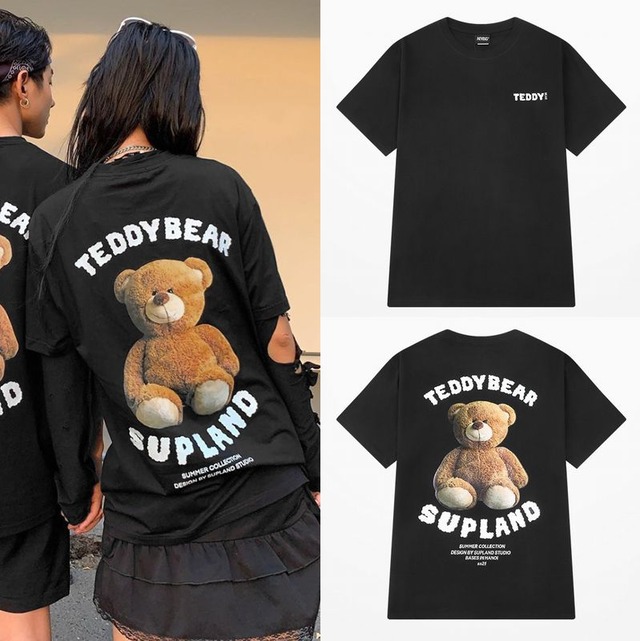 ユニセックス Tシャツ 半袖 クマちゃん バックプリント オーバーサイズ ルーズ カジュアル 韓国ファッション メンズ レディース ストリート系ファッション TBN-644871071664