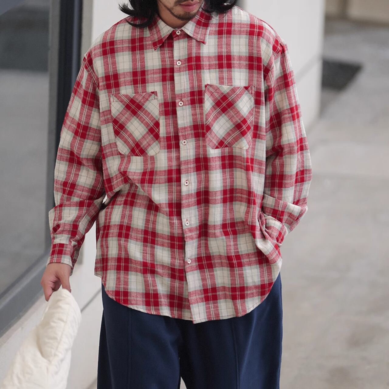 チェック柄 長袖ルーズシャツ 3カラー A1012