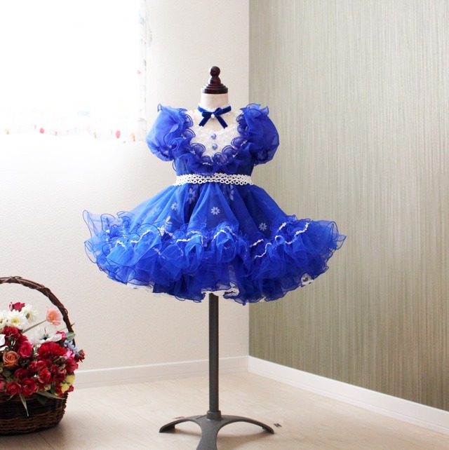 パールと花柄のキッズドレス／青◆品番B02◆