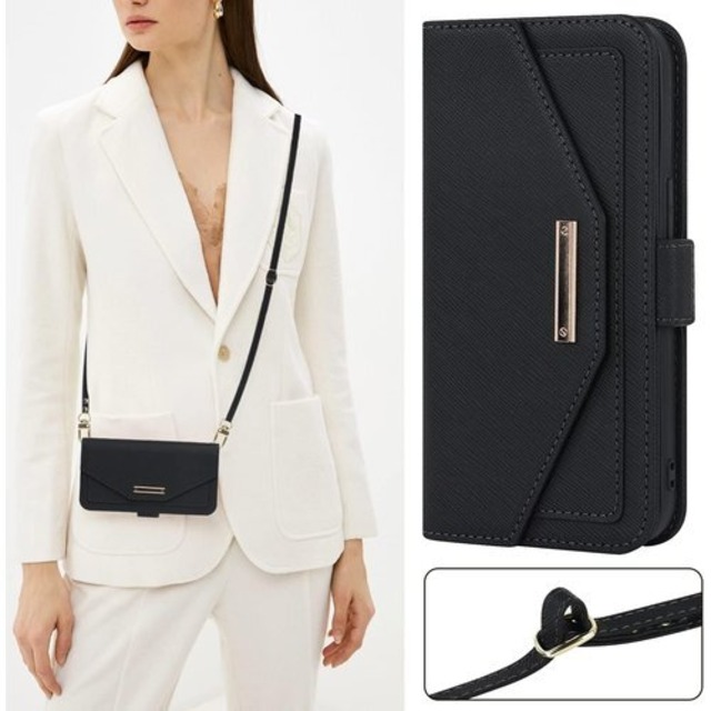 Cavor iPhone15 手帳型スマホケース肩掛け 首かけ 斜めがけ ショルダー ケース 鏡付き iPhone15 財布型ケースiPhone15 スマホケース ショルダー カード収納 マルチパスケース iPhone15 携帯 カバー iPhone15 case 適用 スタンド機能 mirror 可愛い 女性 落下防止落下保護 Qi急速充電対応 ブラック 2341