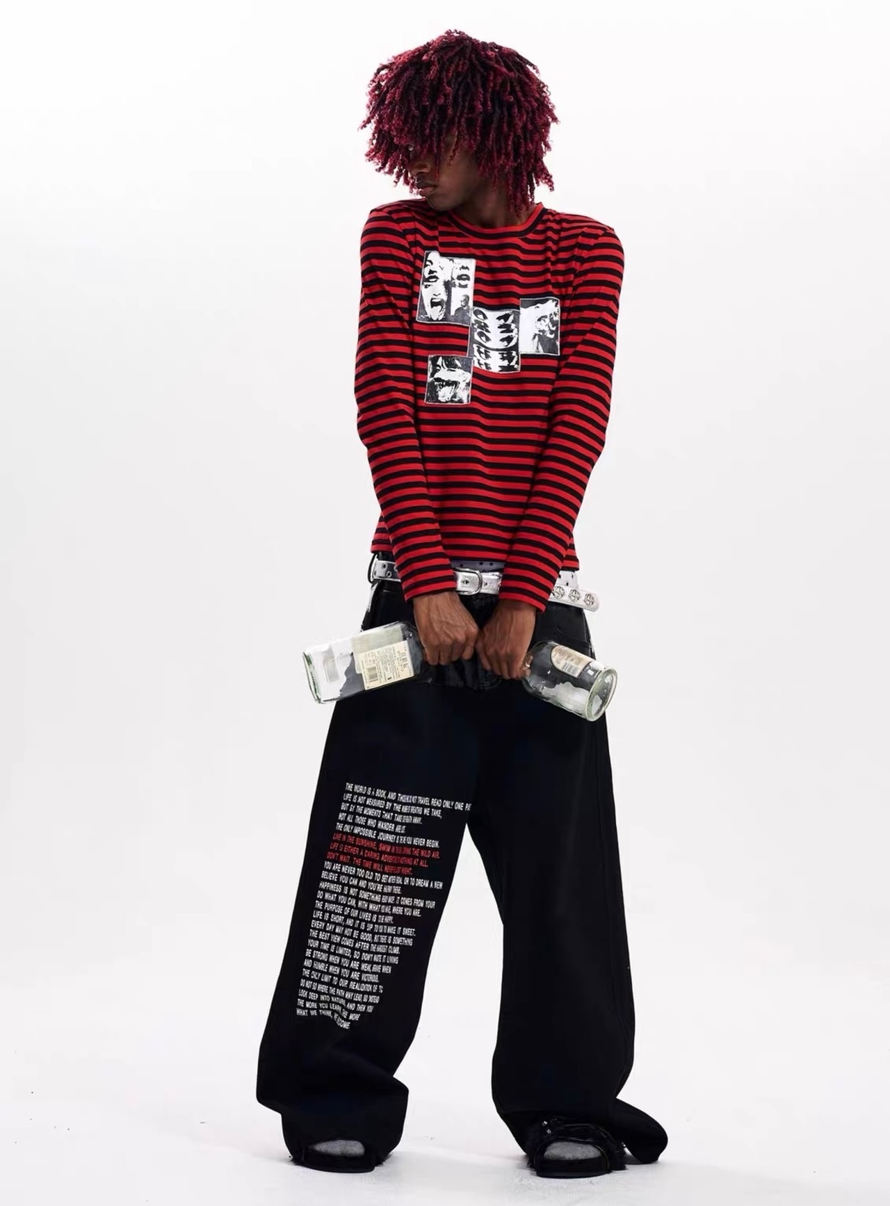 【Fourth3ex】Red Stripe Graphic Long Sleeve T-Shirt