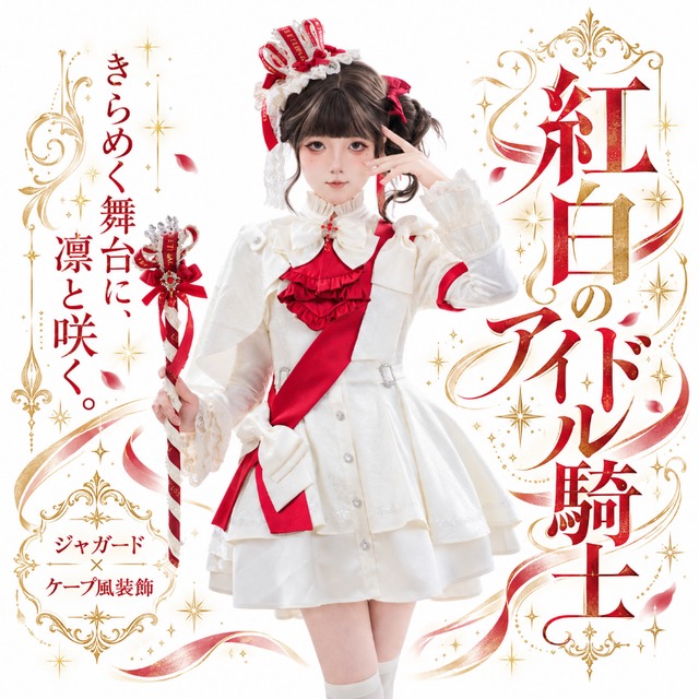 紅白のアイドル騎士 ジャガードとケープ風装飾のワンピース