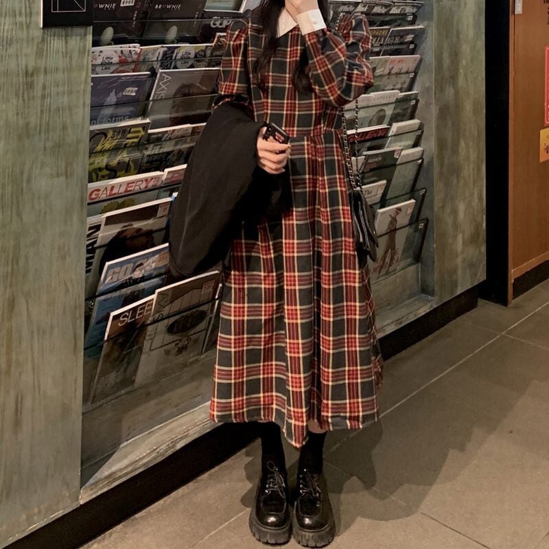 チェック柄 襟付き ワンピース 配色 ハイウエスト ロング丈 長袖 チェック柄 襟付き ワンピース 配色 ハイウエスト ロング丈 長袖
