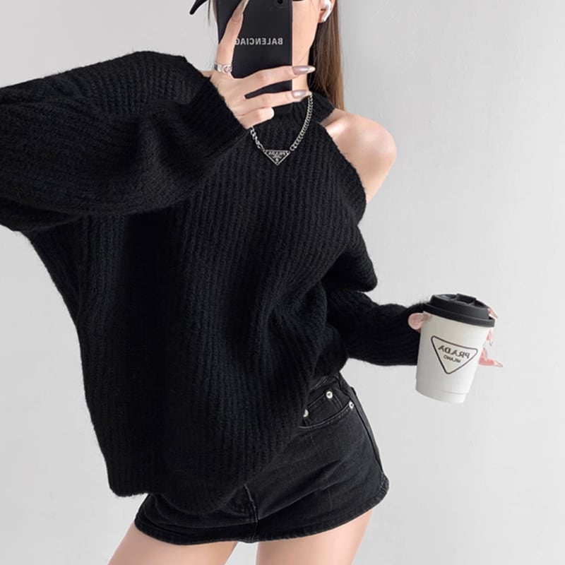 off-shoulder asymmetry oversized knit sweater la1203