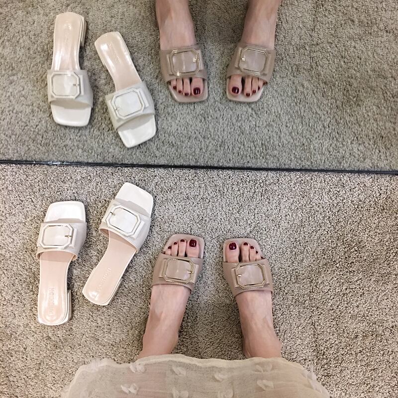 レッドサンダルミュールサマーメタルバックル 靴 シューズ 夏物 スクウェア フェイクシューズ86179712416